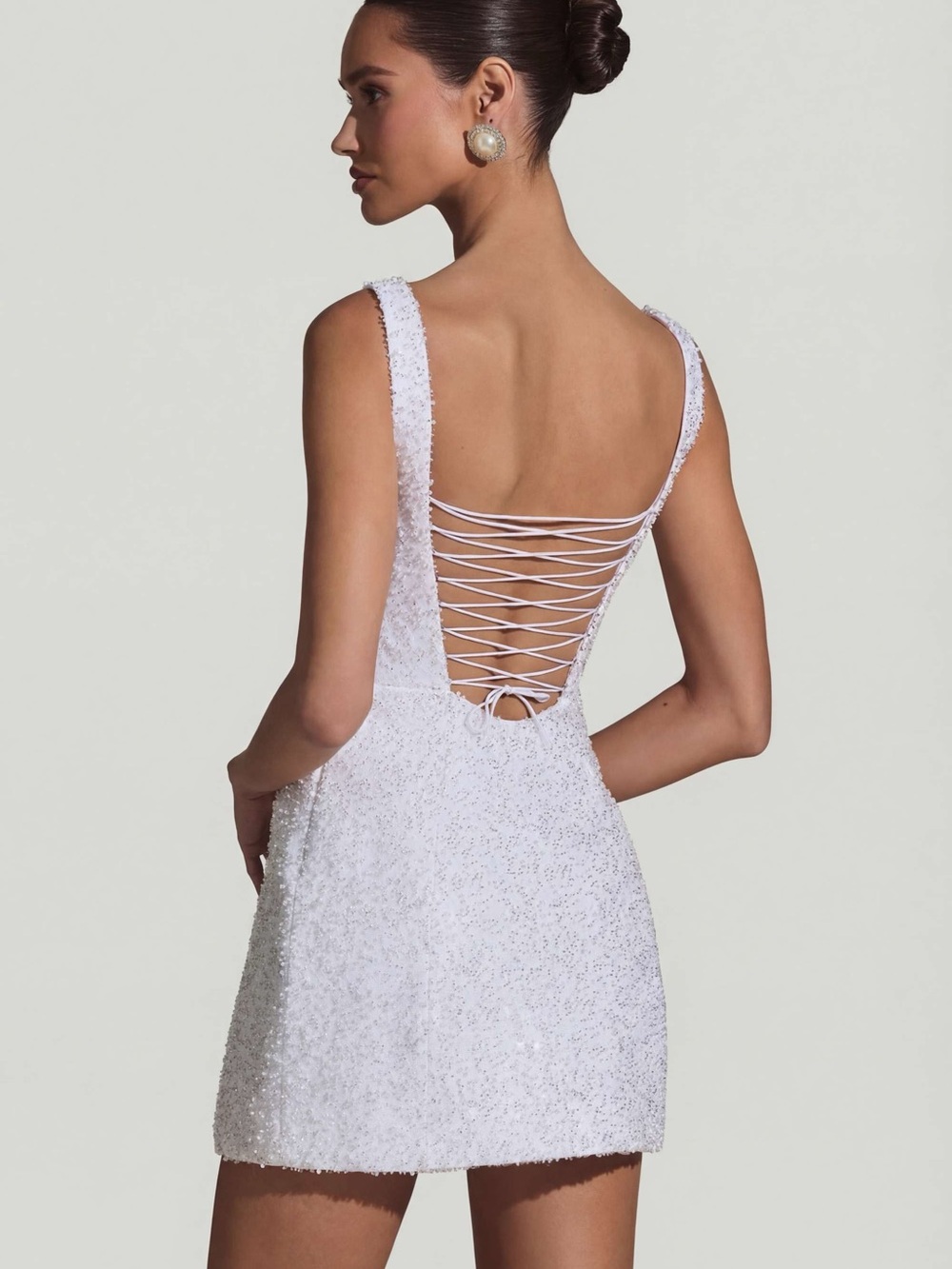 Oh Polly Dominique Embellished Structured A-Line Mini Dress in White - Picture 3 of 13